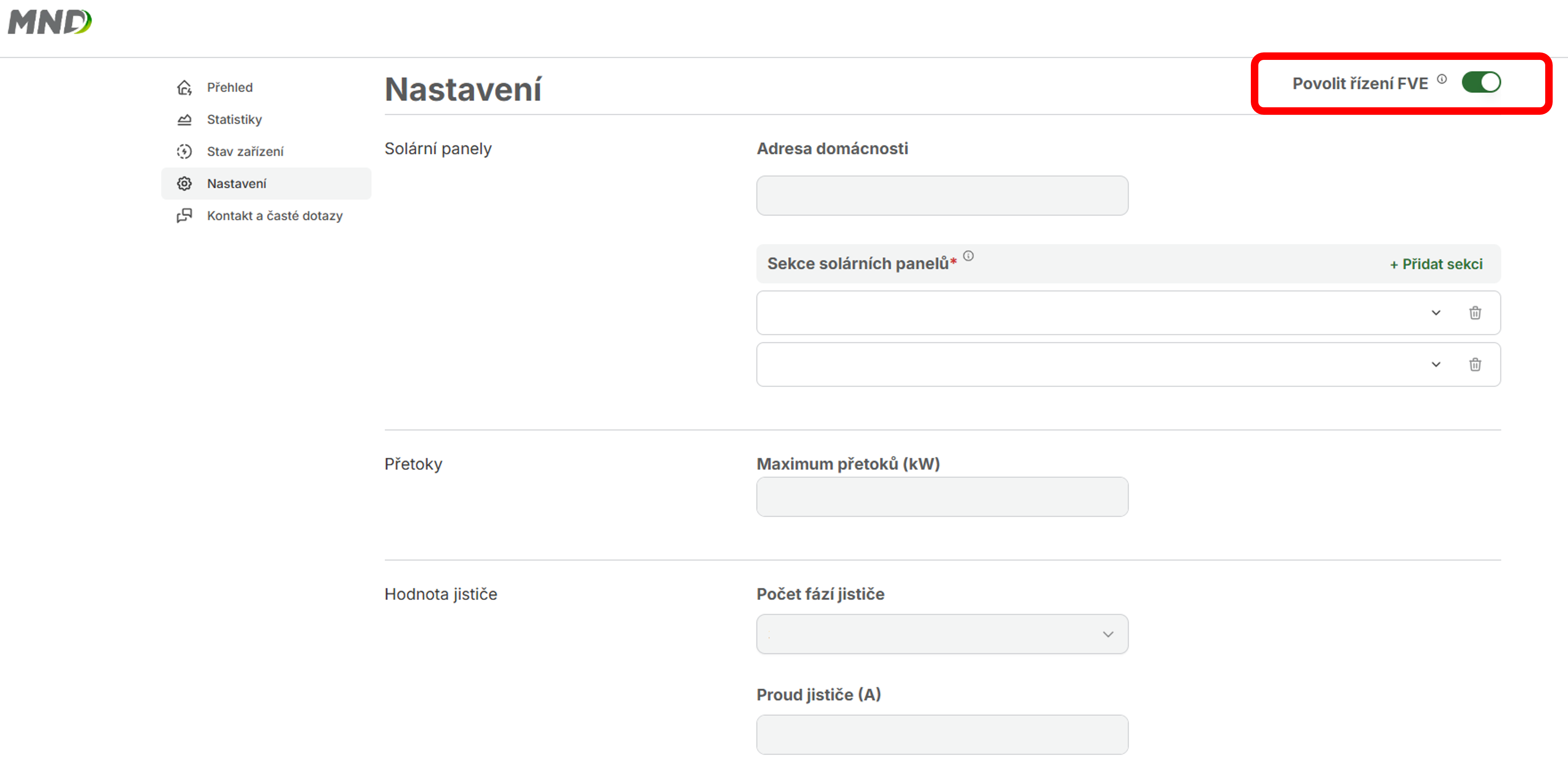 Nastavení řízení fotovoltaiky v zákaznickém rozhraní Nastavení řízení fotovoltaiky v zákaznickém rozhraní